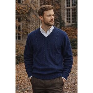 Vintage Etonic Sweater Mens XL Navy Blue Cable Knit V-Neck USA 100% Cotton